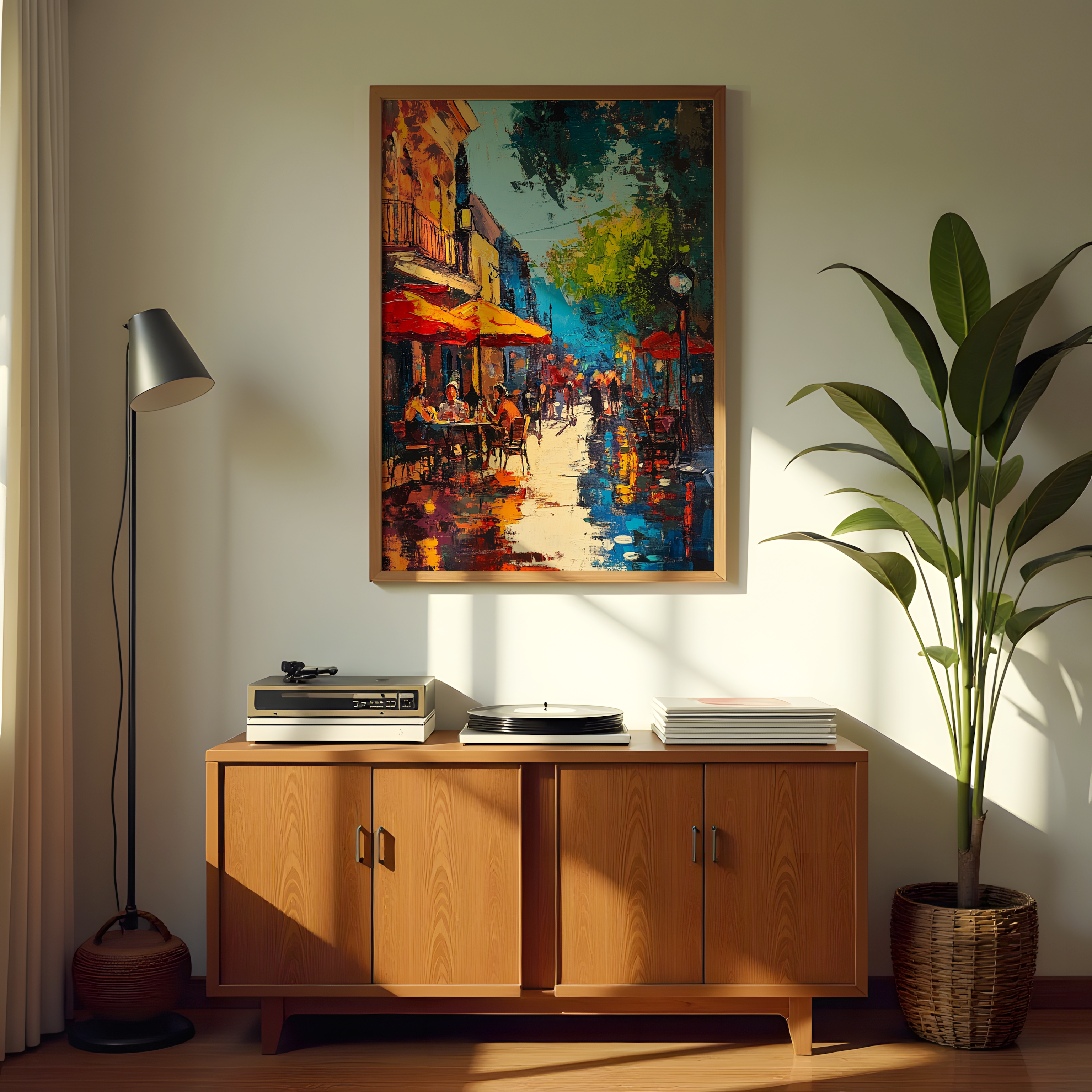 Street café canvas wall art with colorful reflections