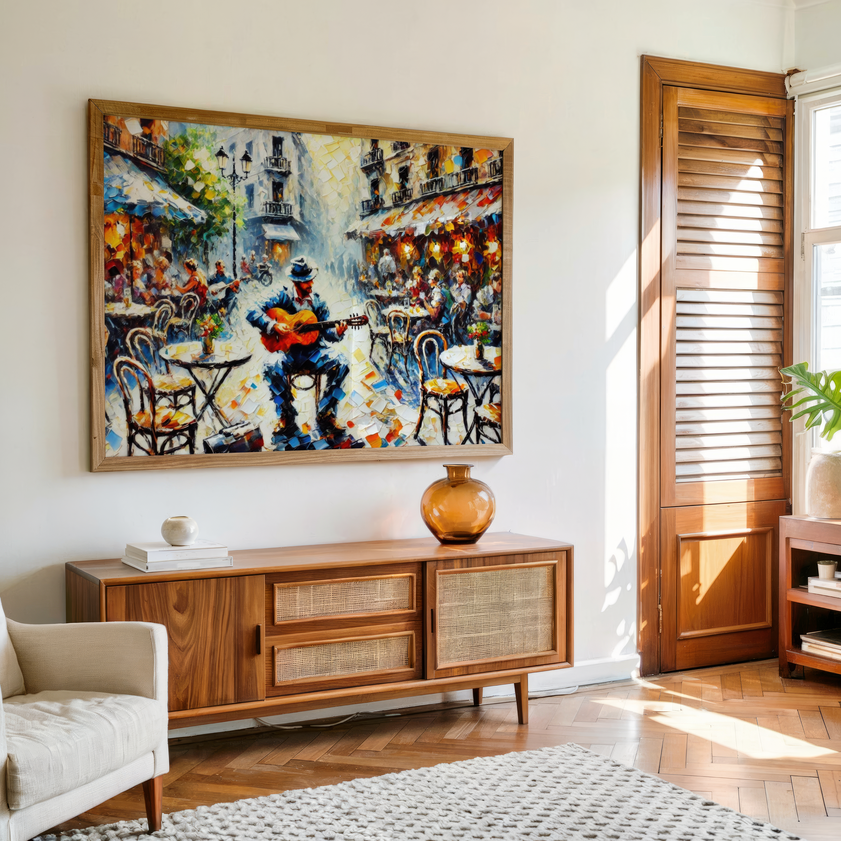 Abstract painting of a guitarist performing at a lively European street café – colorful canvas wall art ready to hang.