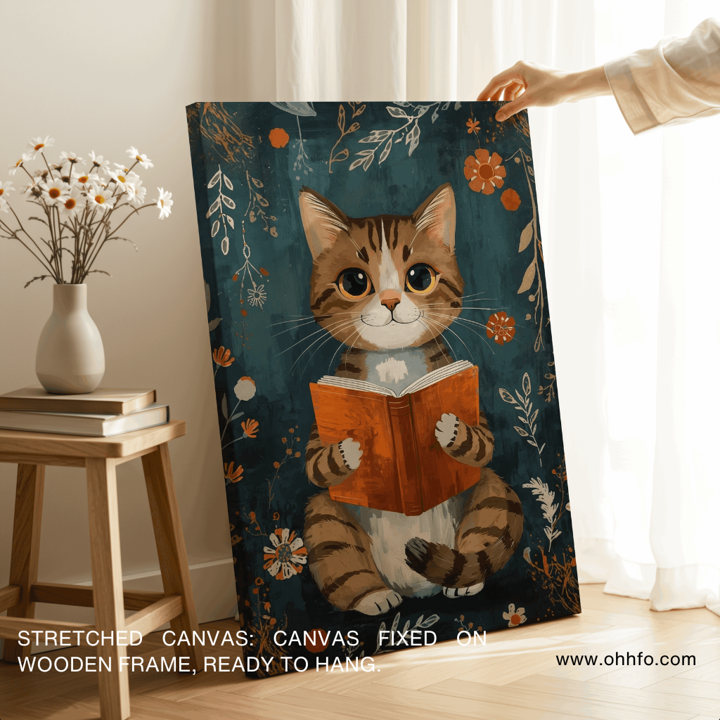 Boho Cat Reading Book Canvas Painting – Cozy Wall Art
