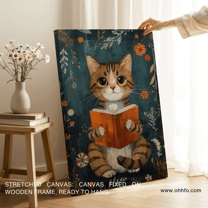 Boho Cat Reading Book Canvas Painting – Cozy Wall Art