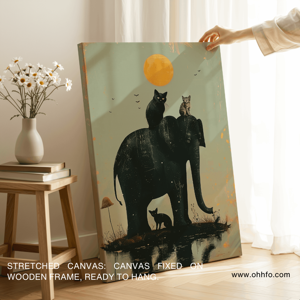 Elephant and Cats Canvas Wall Art– Moonlight Animal Painting