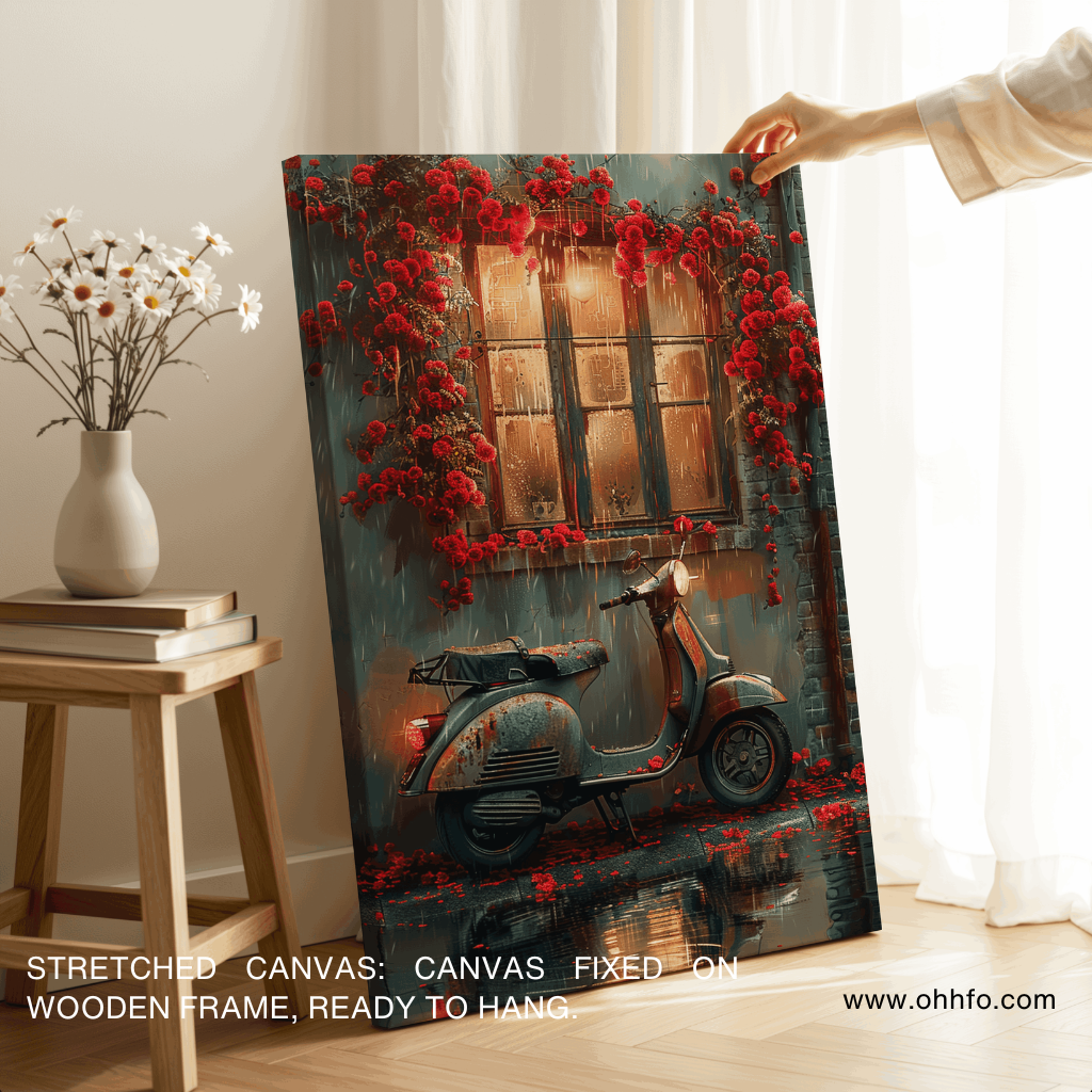 Romantic Scooter by Window Canvas Wall Art