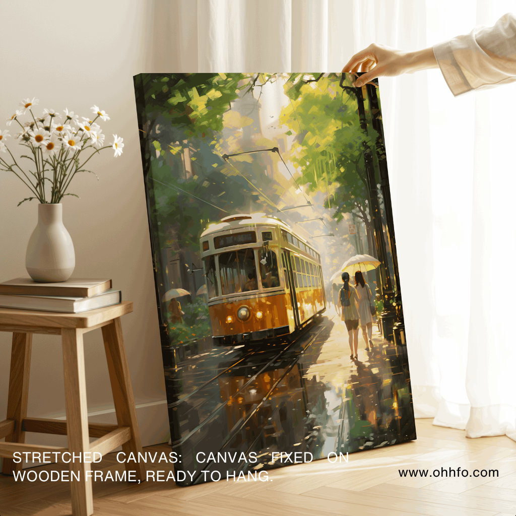 Tram Street Canvas Wall Art – City Evening Painting