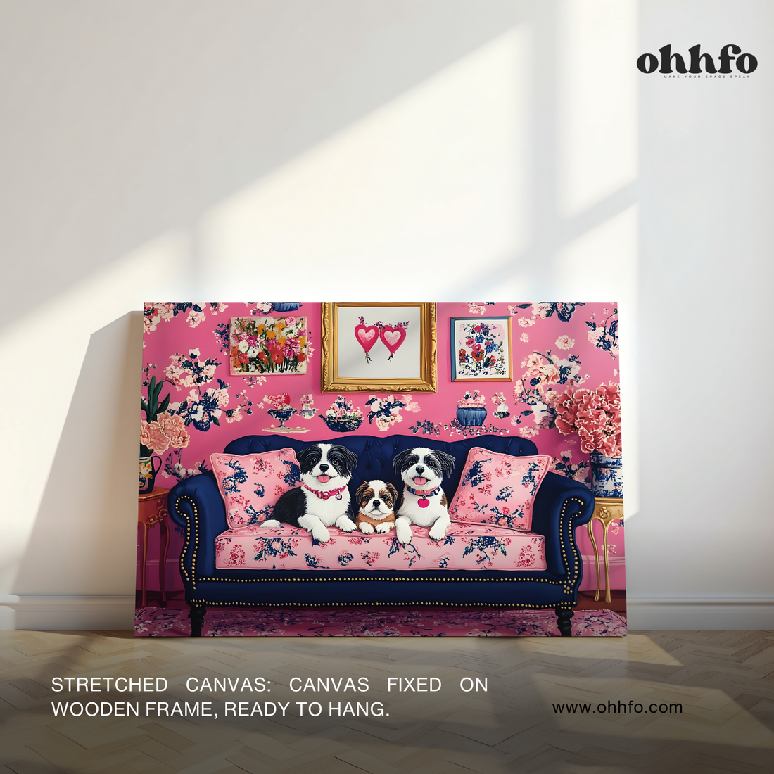 Cute Dogs on Floral Sofa Canvas Wall Art