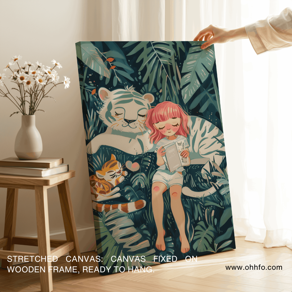 Cute Girl & White Tiger Nursery Canvas Wall Art