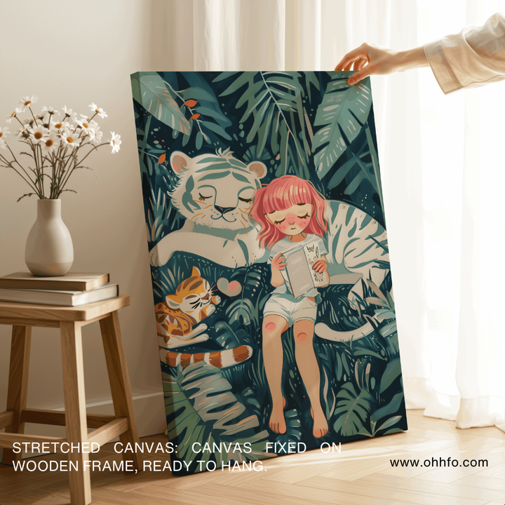 Cute Girl & White Tiger Nursery Canvas Wall Art