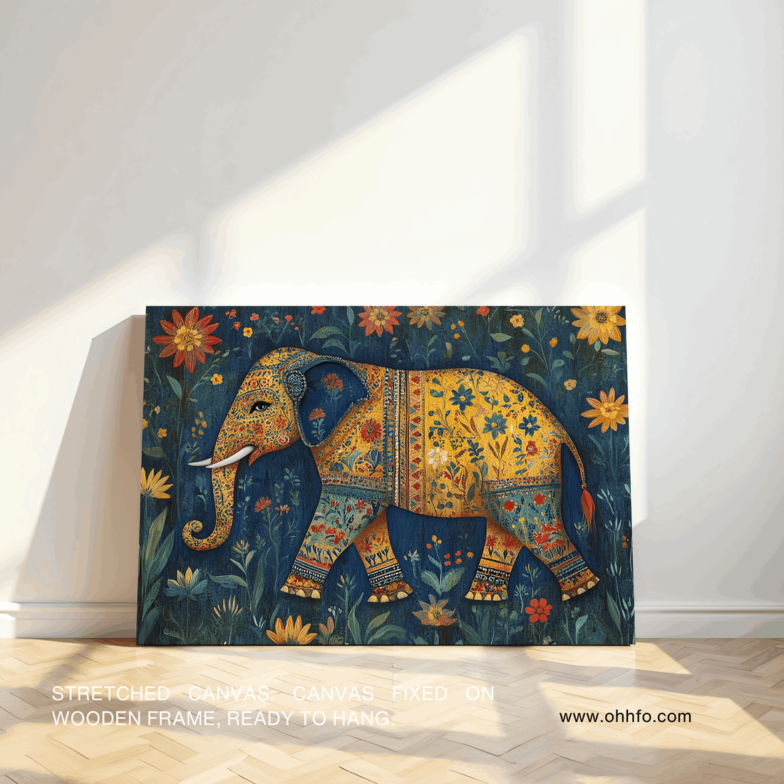 Floral Elephant Canvas Wall Art – Traditional Indian Folk Décor