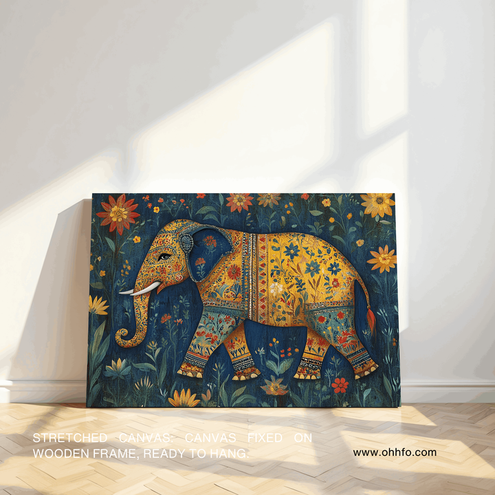 Floral Elephant Canvas Wall Art – Traditional Indian Folk Décor