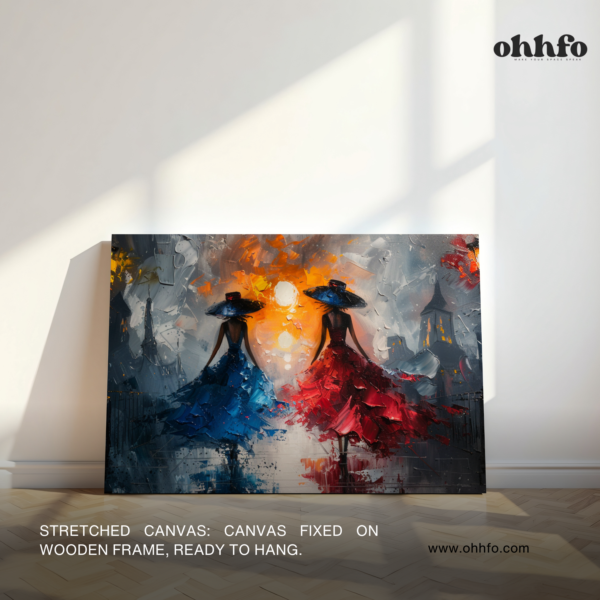 Midnight Elegance – Women in Red & Blue Dress Canvas Wall Art