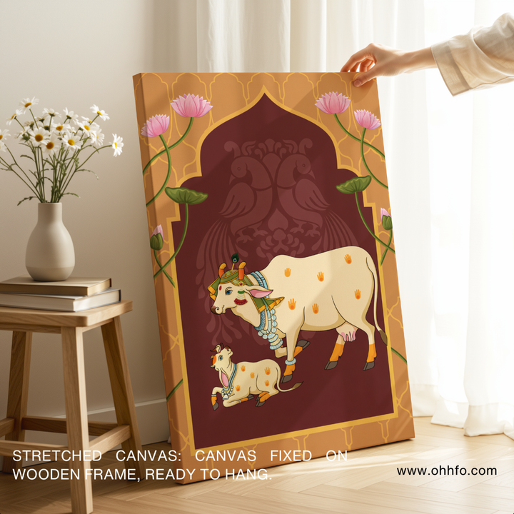 Sacred Cow & Calf Canvas Wall Art – Traditional Hindu Religious Decor