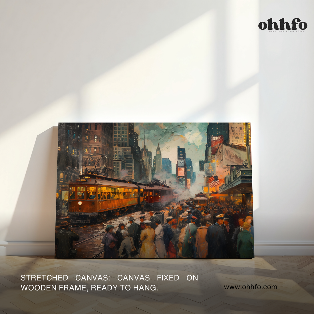 Vintage City Tram Street Canvas Wall Art – Timeless Urban Night Scene