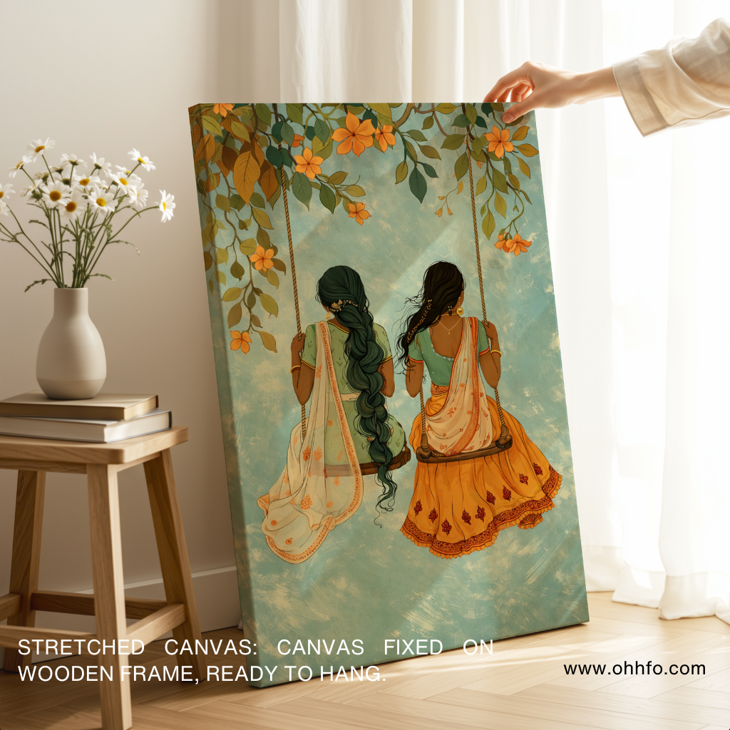 Golden Swing of Memories – Indian Women on Floral Jhula Canvas Wall Art