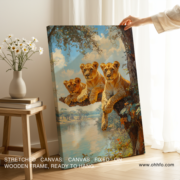 Lion Family Canvas Wall Art – Majestic Wildlife Safari Nature Painting
