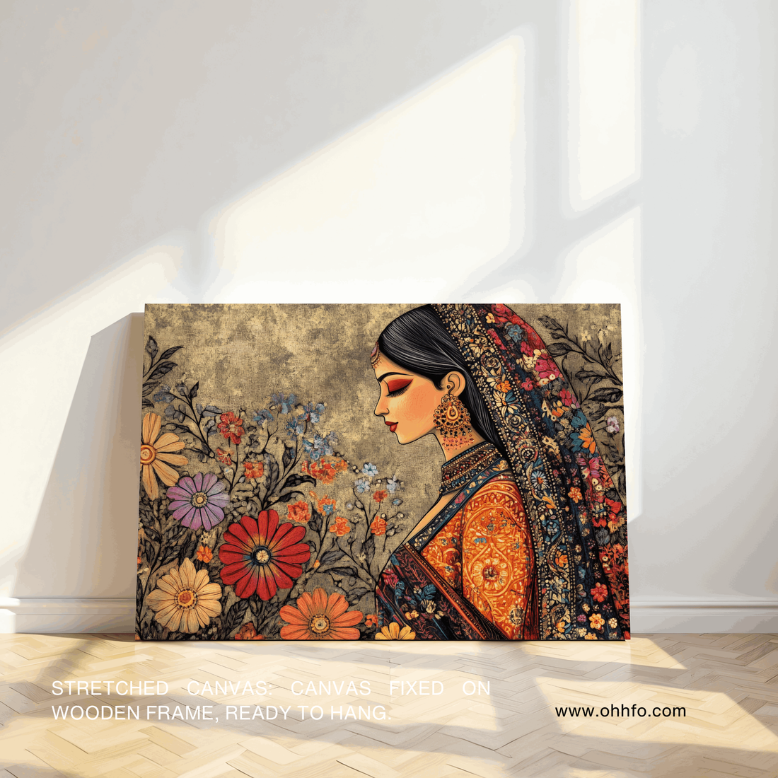 Traditional Indian Woman Canvas Wall Art – Madhubani Style Floral Décor