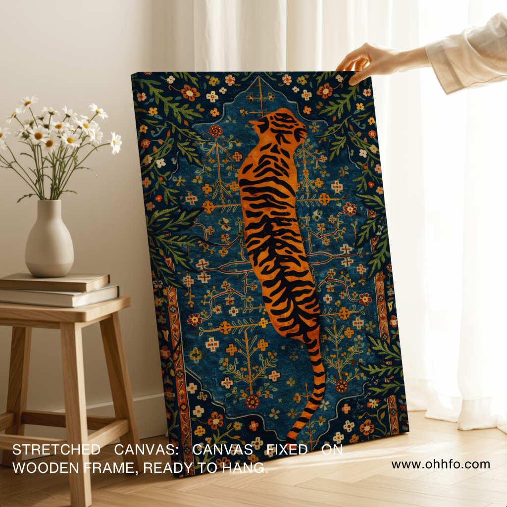 Majestic Tiger Folk Art Canvas Wall Art with Floral Pattern