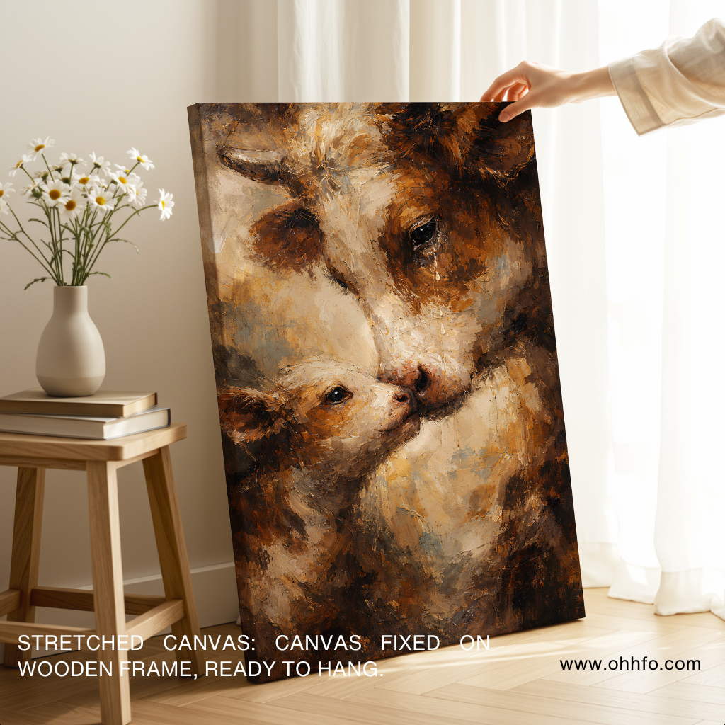 Mother Cow and Calf Emotional Canvas Wall Art