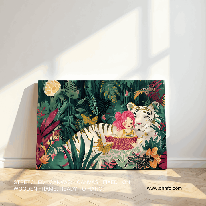 Pink Hair Girl & White Tiger Canvas Wall Art
