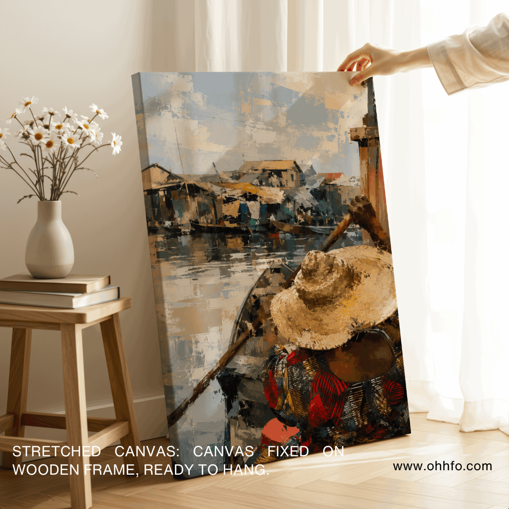 River Boatman Canvas Wall Art – Impressionist Village Portrait Painting