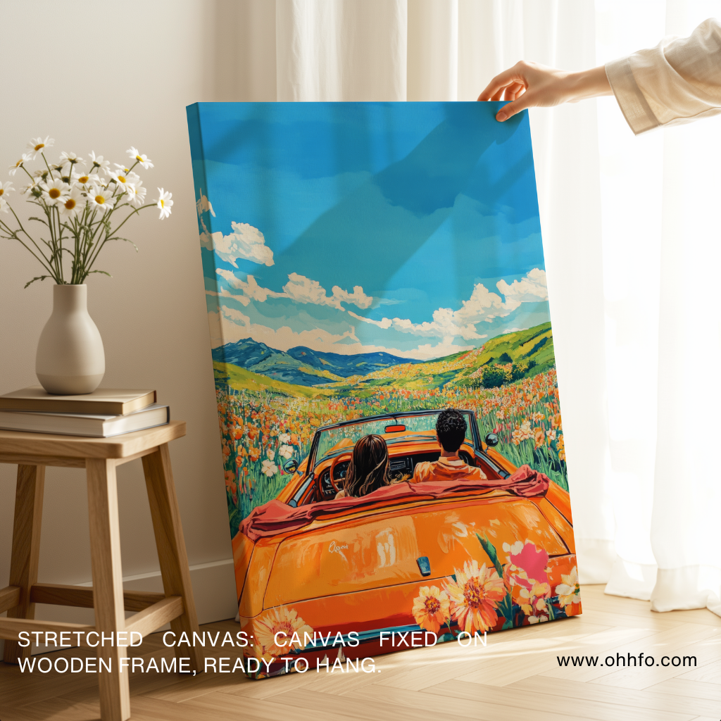 Couple Driving Convertible Canvas Wall Art – Romantic Travel Décor