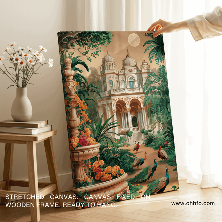 Royal Palace Garden Painting with Peacocks – Luxury Wall Art