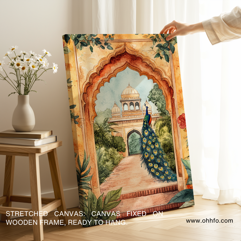 Peacock in Mughal Garden Arch Canvas Wall Art
