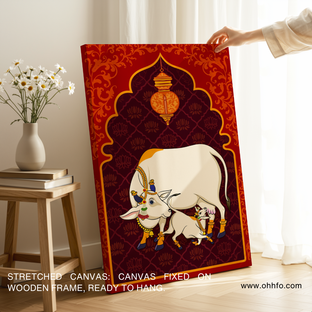 Sacred Cow and Calf Canvas Wall Art – Traditional Hindu Religious Decor