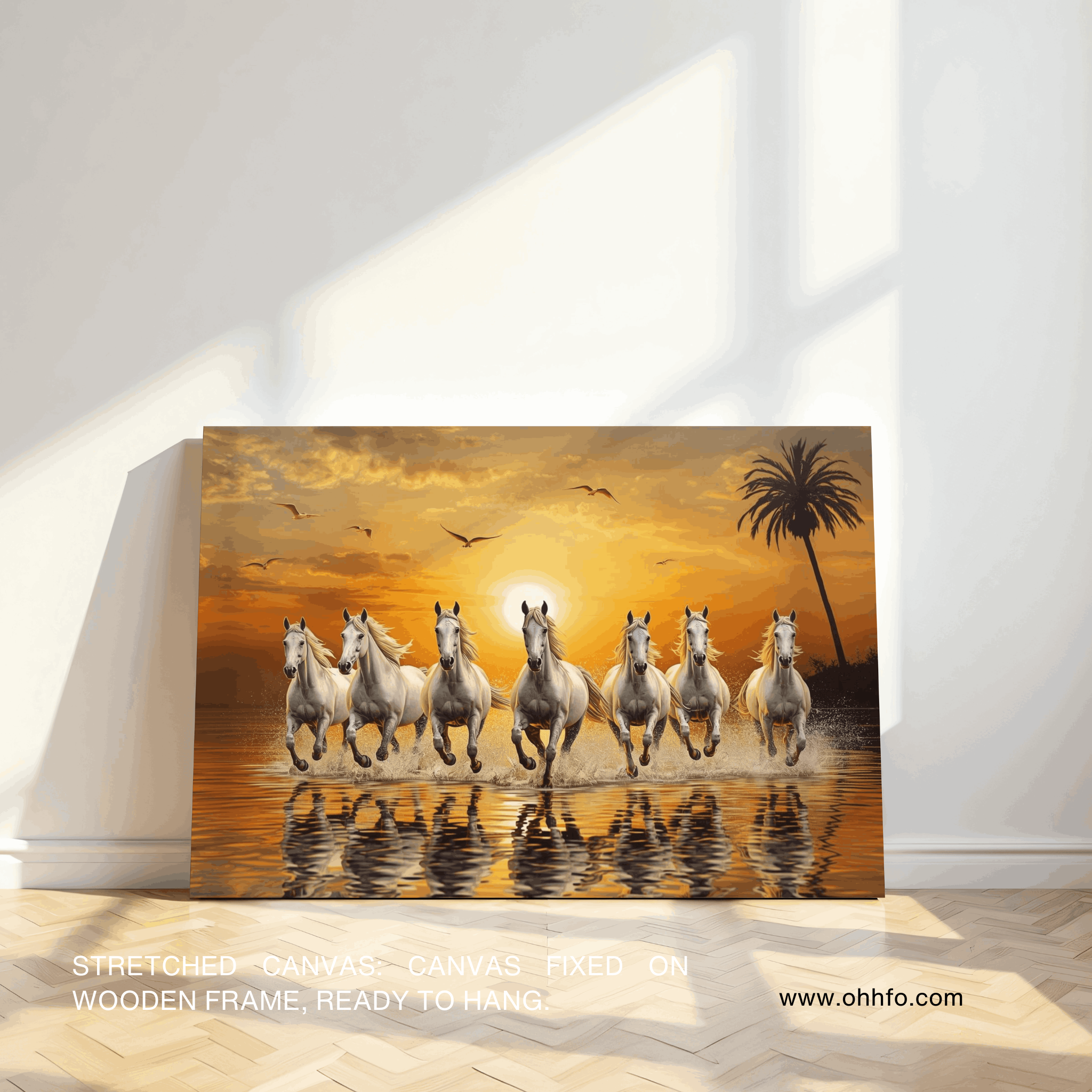 Seven Running Horses Canvas Wall Art - Vastu-Inspired Sunset Painting for Home & Office Decor
