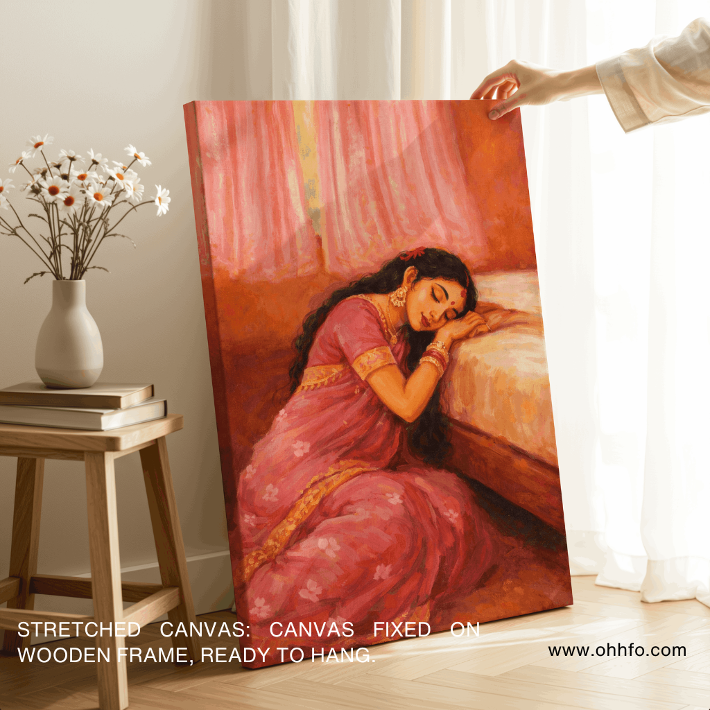 Serene Sleeping Woman in Pink Saree – Traditional Indian Emotional Wall Art