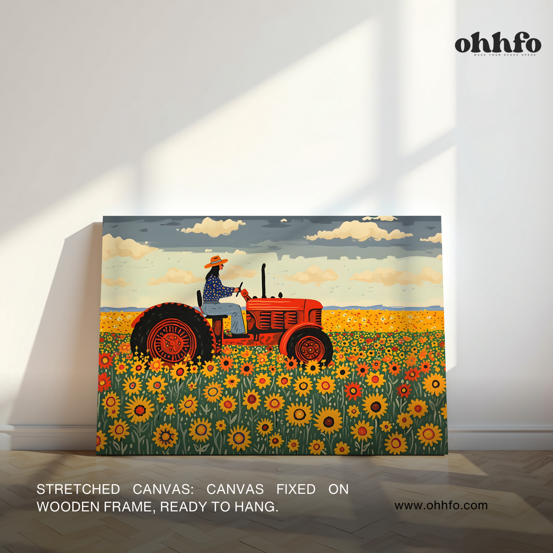 Sunflower Field Tractor Folk Art Canvas Wall Art