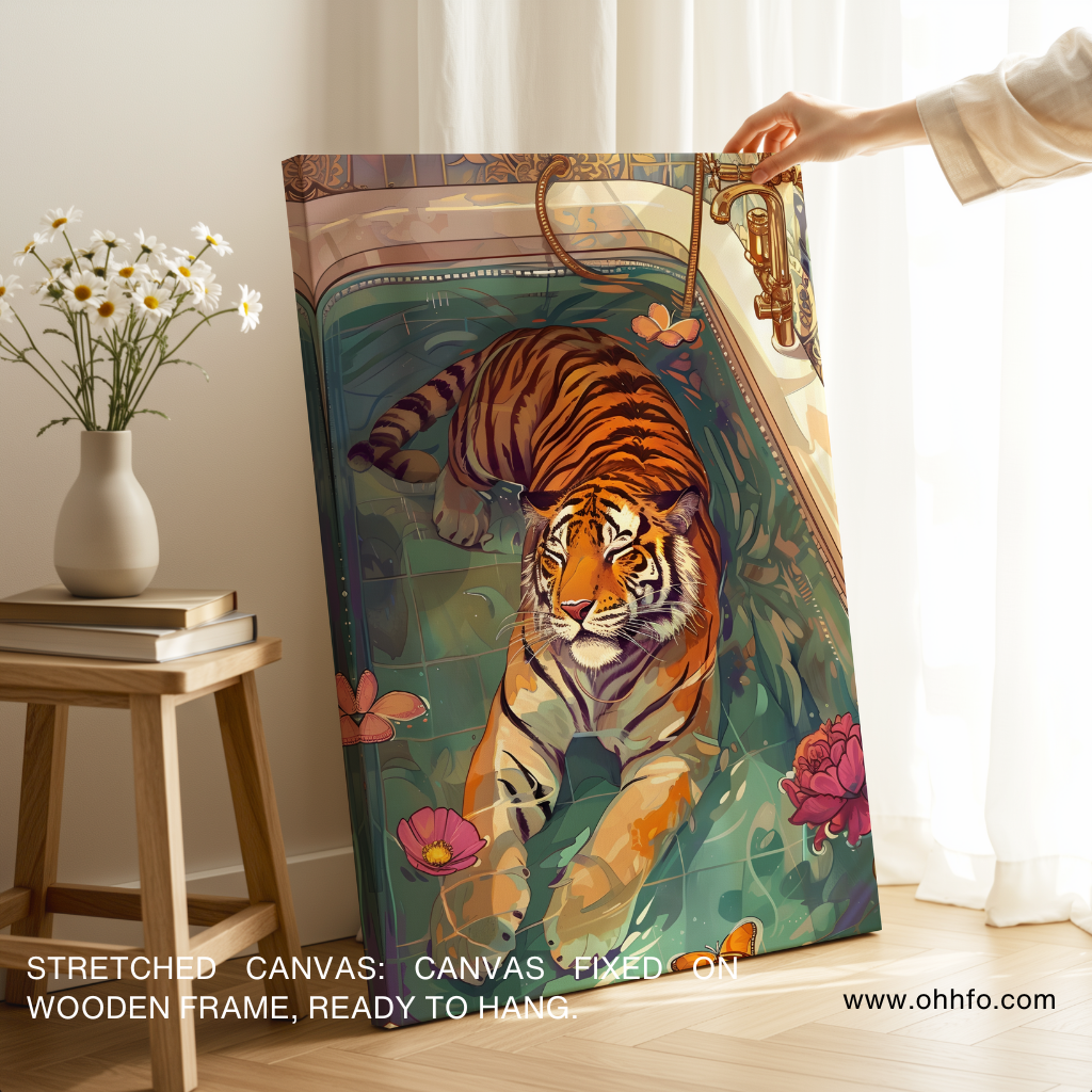 Relaxed Majesty – Illustrated Tiger in Bathtub Wall Art