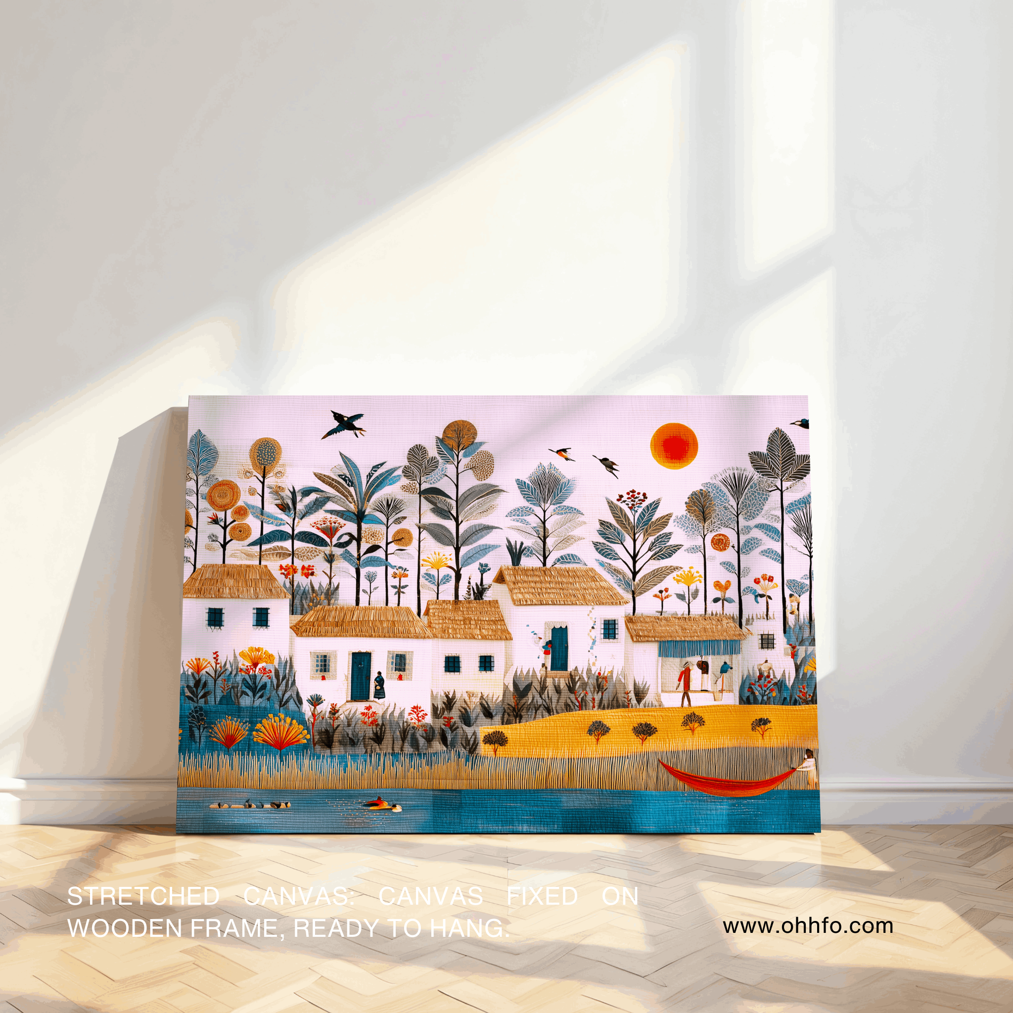 Tropical Village Life – Folk Art Canvas Wall Art