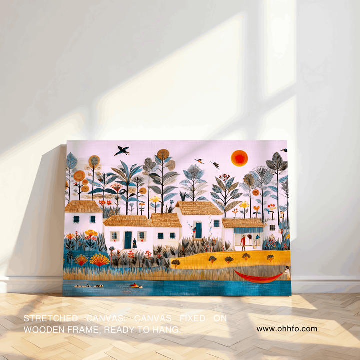 Tropical Village Life – Folk Art Canvas Wall Art