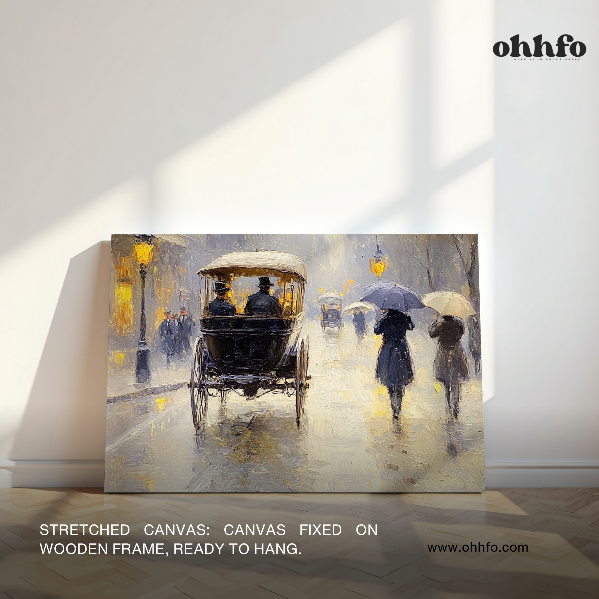 Vintage Rainy Street Carriage Canvas Wall Art – Classic European Evening Scene Painting