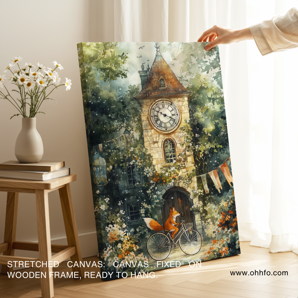 Whimsical Fox Clock Tower Canvas Wall Art