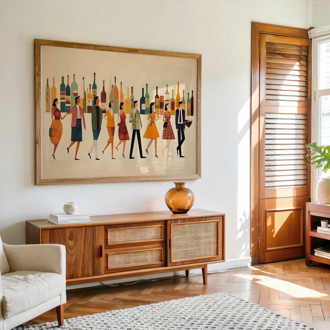 Stylish cocktail bar crowd wall art canvas with modern urban lounge illustration