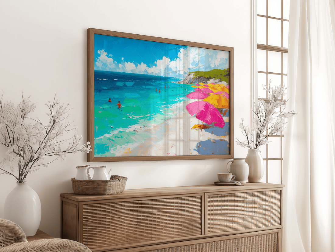 Summer seaside beach canvas print for living room decor in India with vibrant umbrellas