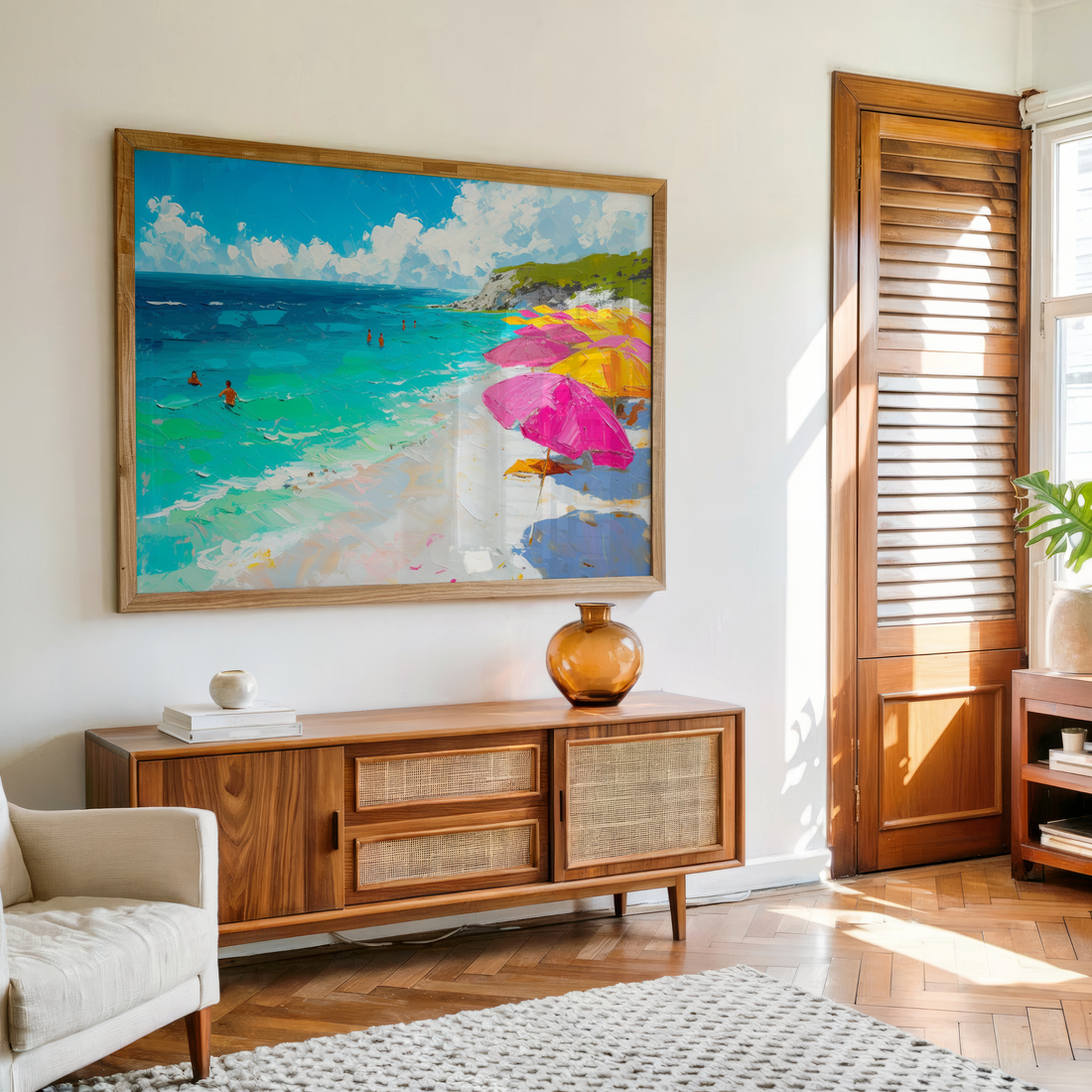 Colorful beach umbrellas canvas wall art with turquoise ocean waves and white sand