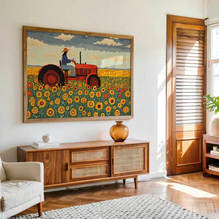 Folk art canvas of a red tractor driving through a bright sunflower field