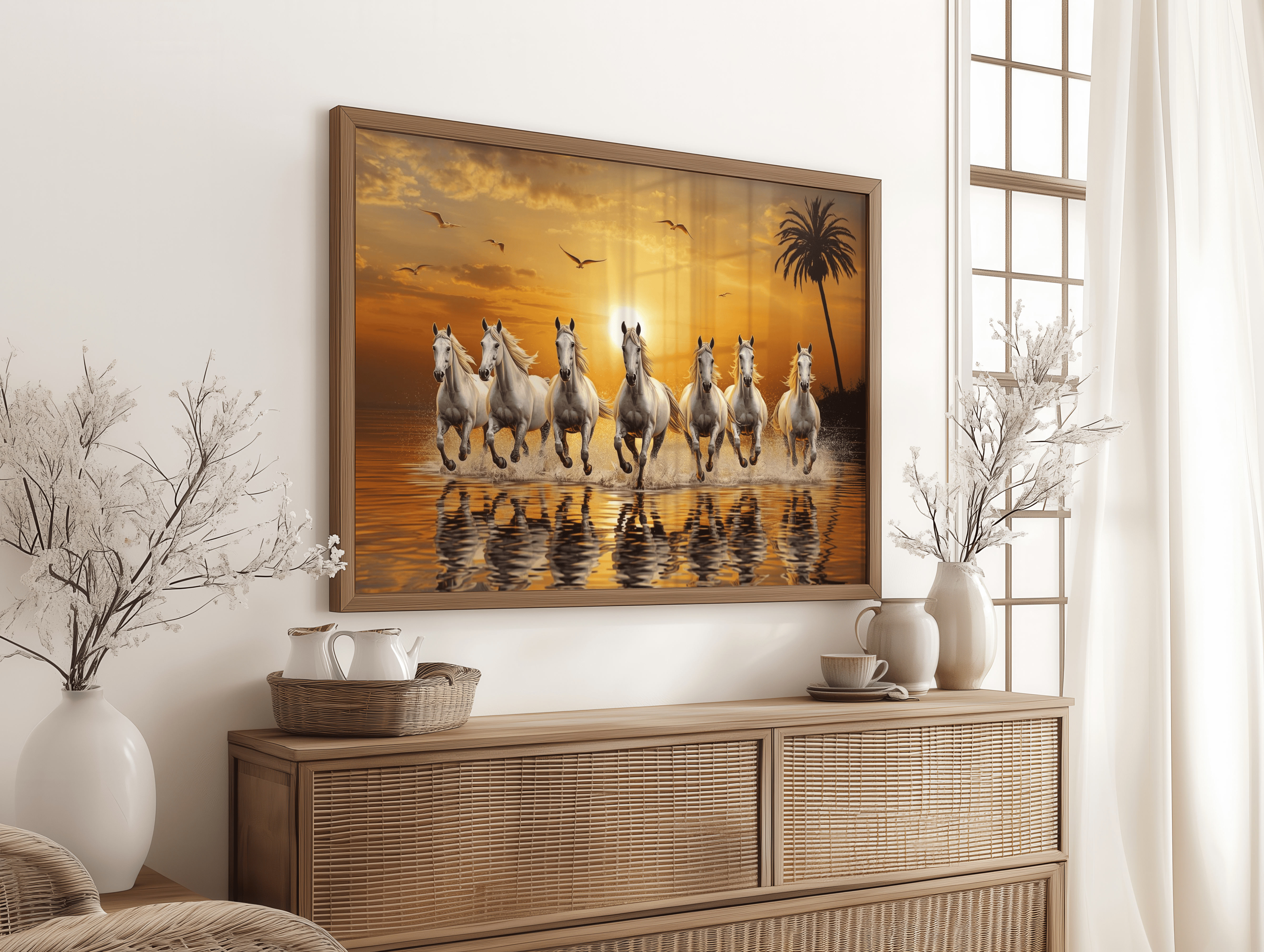 Sunset reflection of white horses wall art for living room