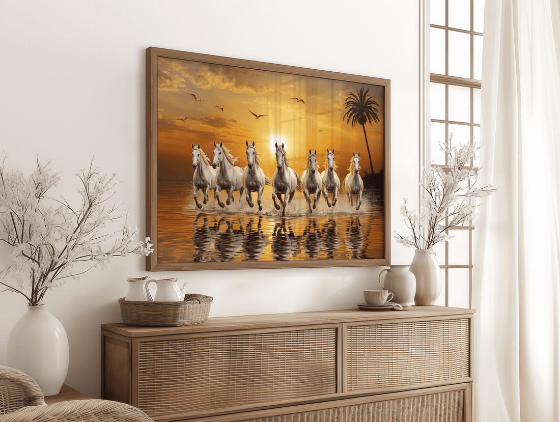Sunset reflection of white horses wall art for living room
