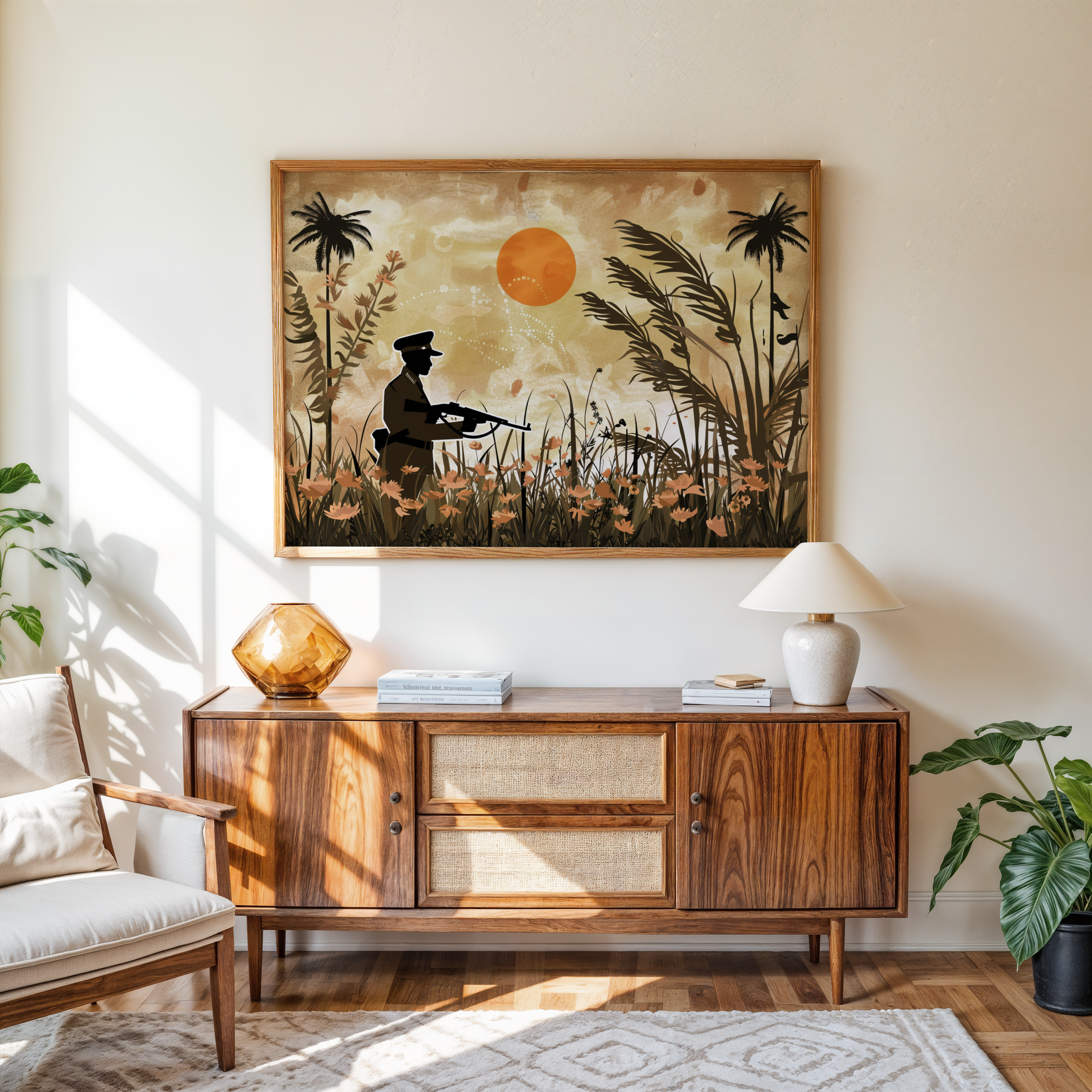 Framed soldier silhouette canvas wall art styled in modern living room with warm décor