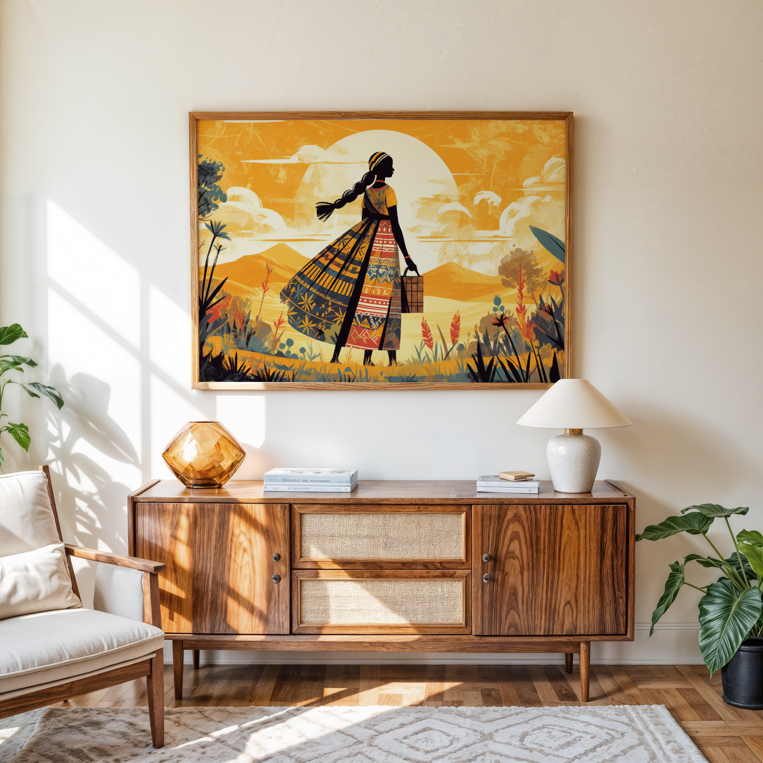 Golden sunset woman silhouette canvas wall art styled in modern living room décor