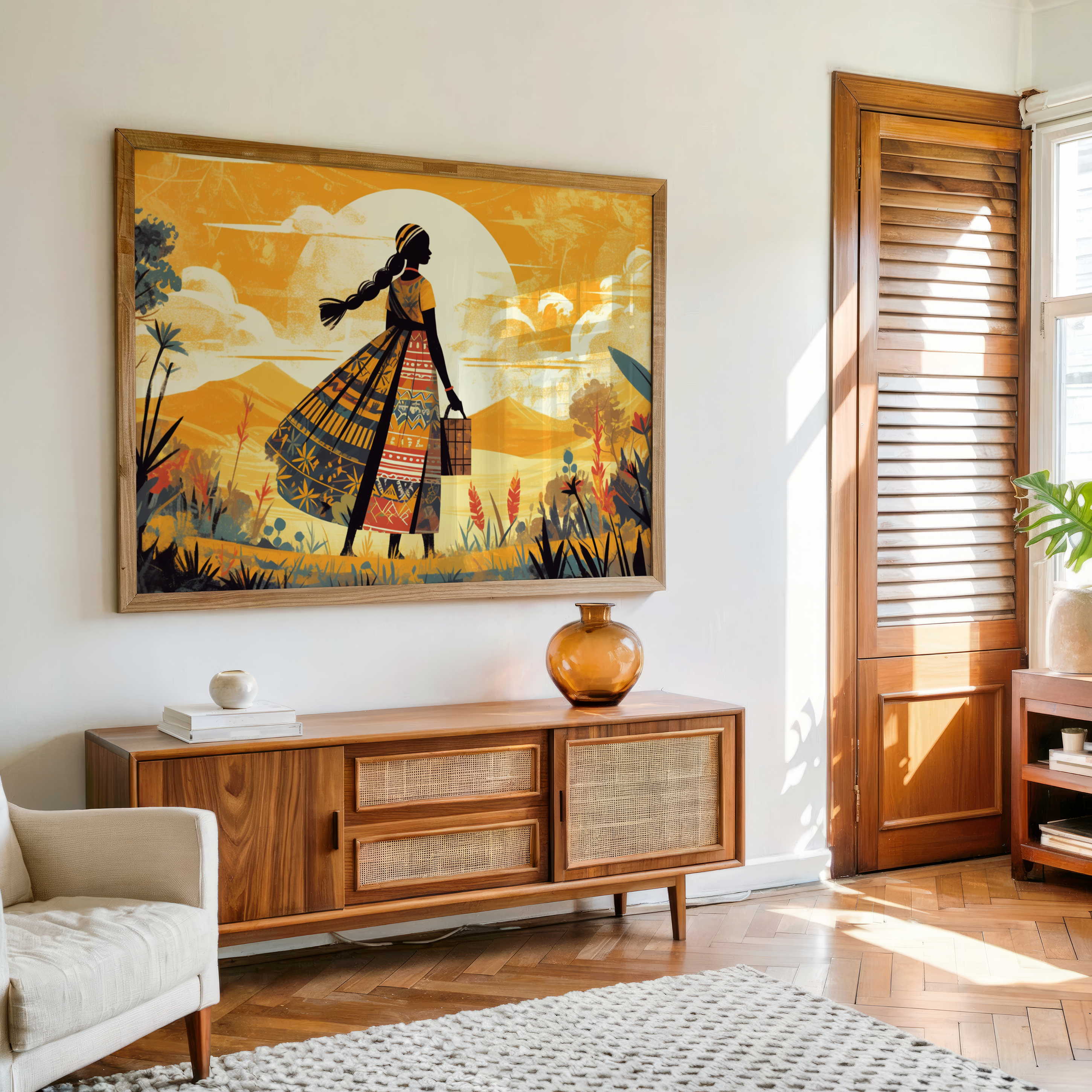 Golden sunset woman silhouette canvas wall art with ethnic patterned dress framed décor