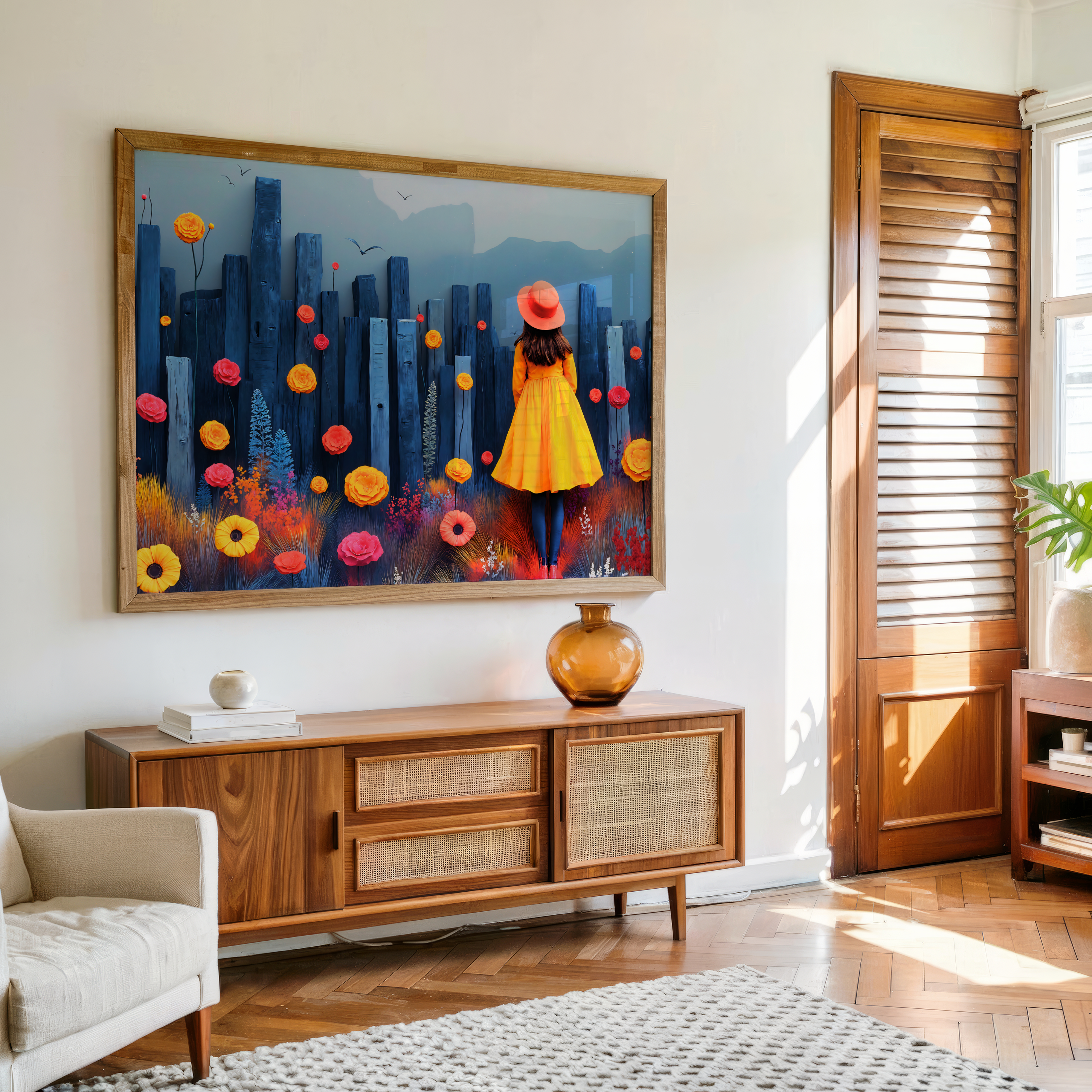 Surreal canvas artwork of a girl in orange dress facing a colorful fantasy flower field