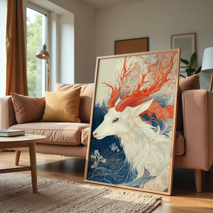 Surreal stag wall decor with ocean blue abstract background