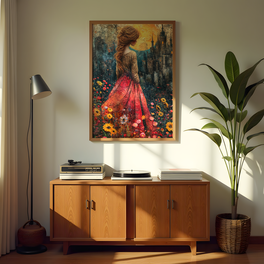 Romantic fantasy girl canvas art with flowing red dress and floral surroundings