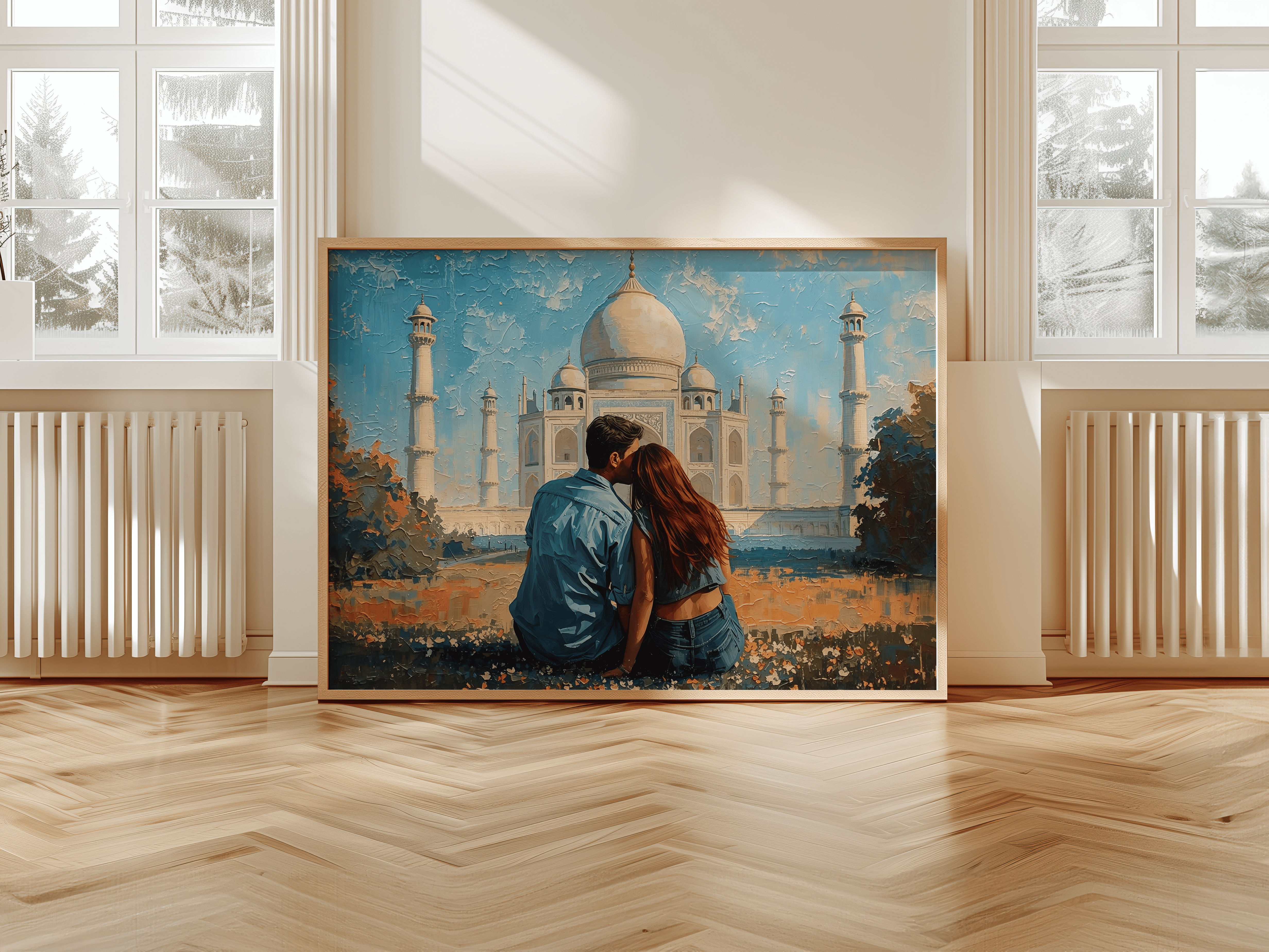 Romantic Taj Mahal Couple Painting – Premium Canvas Wall Art