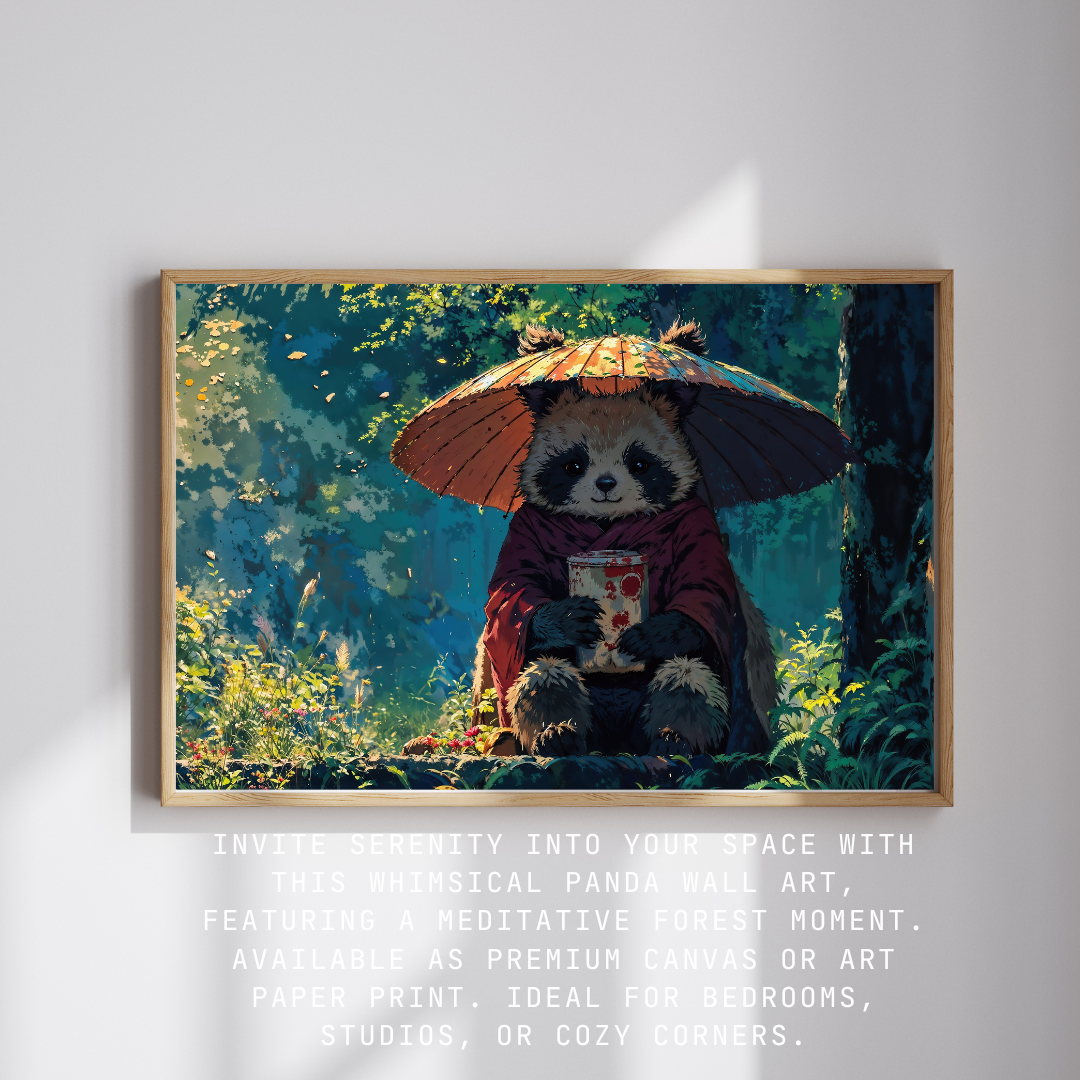 Peaceful forest art featuring a panda enjoying tea in nature