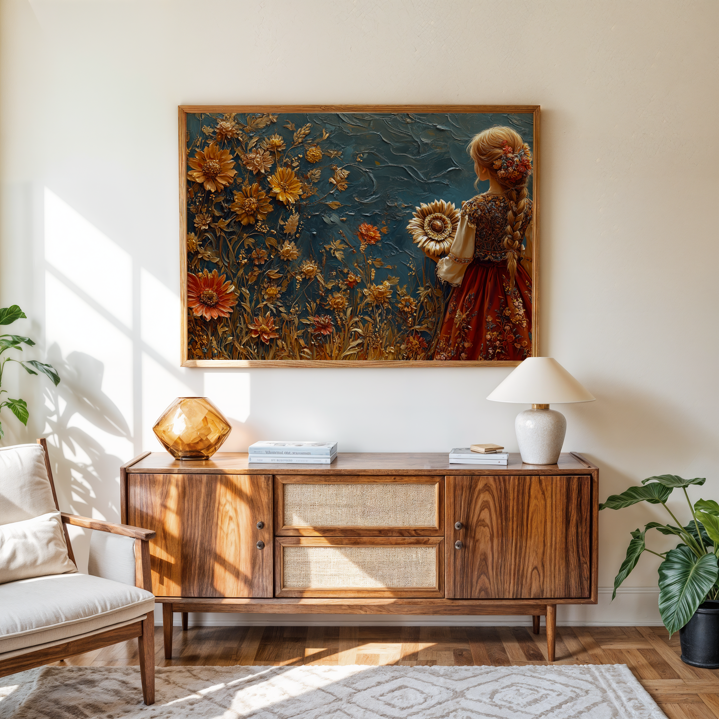 Art print of a girl in traditional dress standing in a golden flower garden, elegant and whimsical design