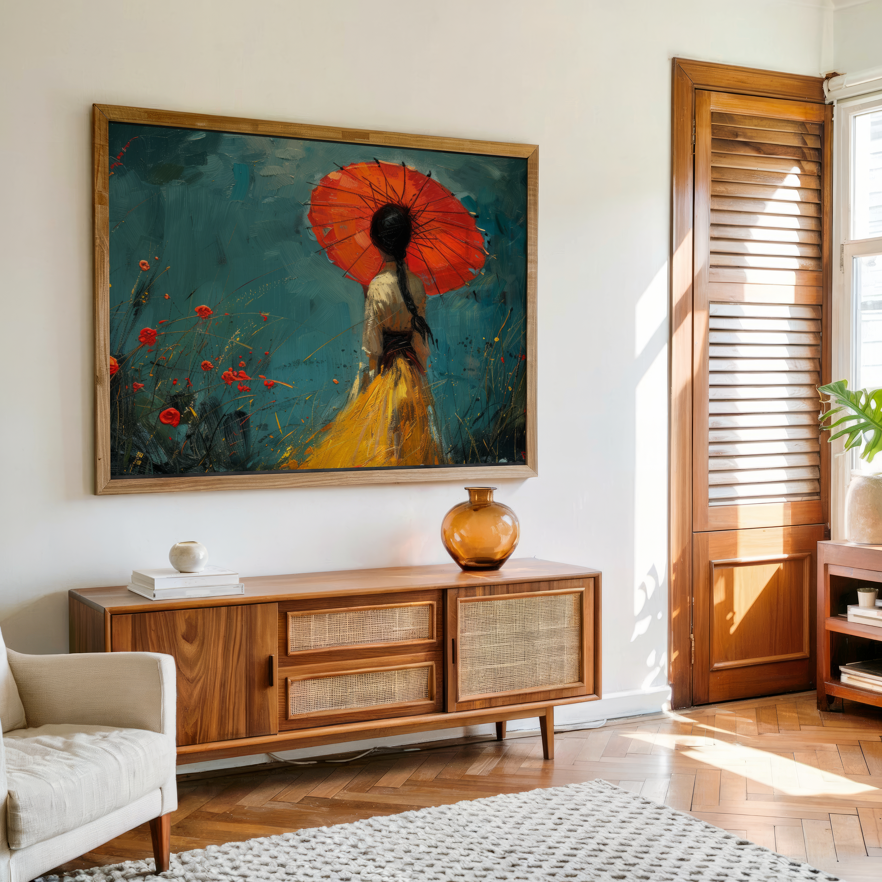 Abstract travel art of a woman in yellow dress with red umbrella